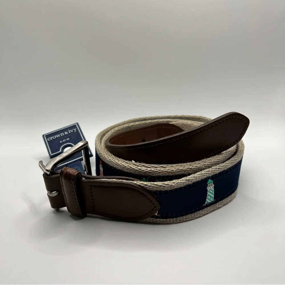 NEW Crown &‎ Ivy JAAK Khaki Canvas Belt Navy Lighthouse Embroidery XL NWT 42-44